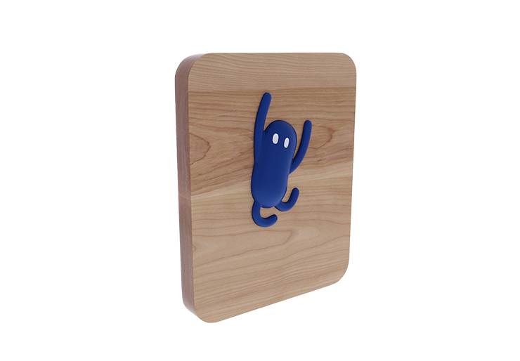 Wooden plaque with blue raised cartoon figure